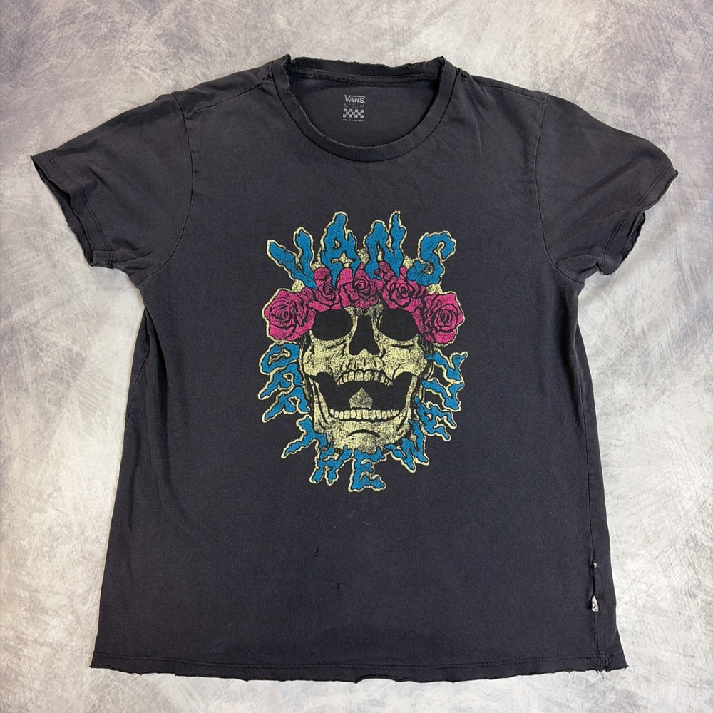 Vans Graphic T-Shirt Mens Medium Black Skull Rose Crown Distressed Skater